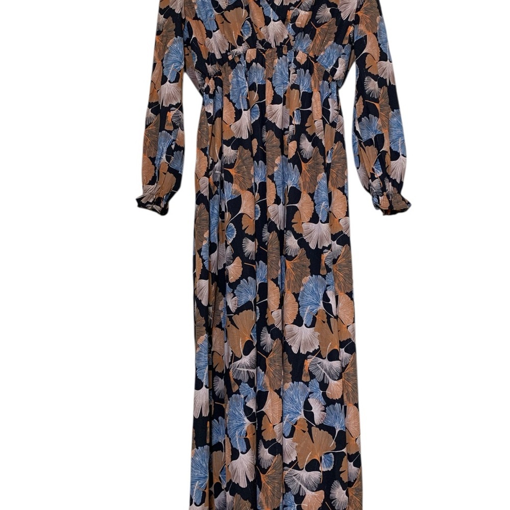 Maëlle Maxi Dress Ginkgo Leaf Print Metallic Brown Blue Long Sleeve Womens Large